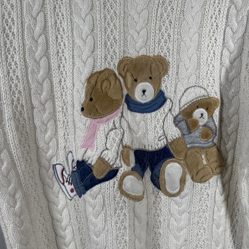 VTG Together! Sweater Womens L Cream Embroidered Teddy Bear Wool Cable Knit 90s - Picture 7 of 16